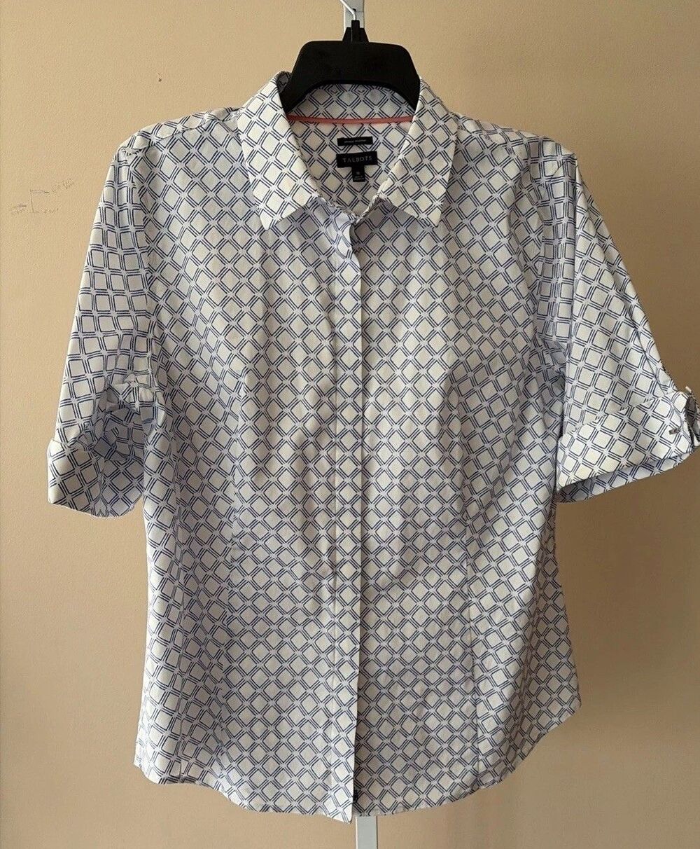 Women Blouse 16 Talbots White Blue Geometric Short Sleeve Button Stretch Logo